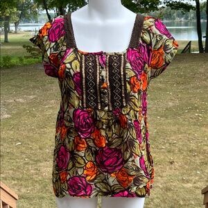 Christopher & Banks boho floral beaded blouse M